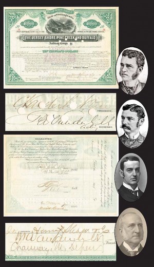 The Jersey Shore, Pine Creek and Buffalo Railway Bond signed by William K. Vanderbilt, Cornelius Vanderbilt, Frederick Vanderbilt, and Chauncey Depew